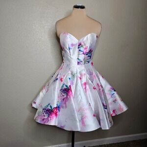 Rachel Allan Watercolor Floral Strapless Cutout Back Mini A-line Dress White 6